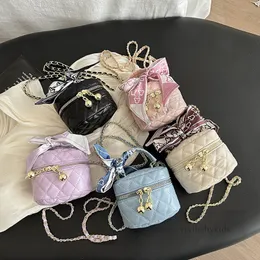 Children printed silk Bows bucket handbag girls diamond lattice quilted one shoulder bags kids metals chain messenger bags Z7433