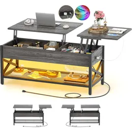 Aheaplus Lift Top Coffee Center Table with LED Light and Power Outlet - Modern Table with Storage Shelf for Living Room - Lift Tabletop X Support Metal Frame Black Oak