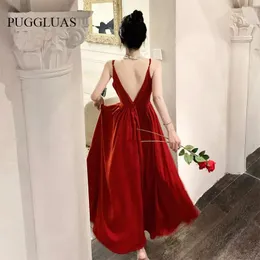 Sıradan Elbiseler 2024 Seksi Sırtsız Kırmızı Düğün Partisi Uzun Elbise Vintage V Boyun A Hat Maksi Robe Kadın Sundress Retro Akşam Vestido