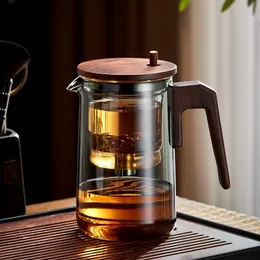 Стеклянный чайник с деревянной ручкой, устойчивый к нагреву, стеклянный чайник с одной кнопкой и фильтром, прозрачный ароматный чайный стеклянный чайник, посуда 240315
