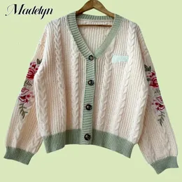 Autumn Winter Flower Cardigan för kvinna blommor broderade stickade tröjor kvinnliga casual singelbröstade y2k tröja rockar 240323