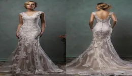 Vintage Designer Full Lace Wedding Dress Applicques Mermaid Bridal Bowns 2021 Vneck Chapel Train Plus Size Brud Lady Party Gowns2760523