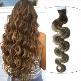 Uzantılar T4P4/27 İnsan Saçında Bant Uzantıları Vücut Dalga Balayage Çikolatalı Kahverengi Karamel Sarışın Bant Uzantılarında Salon Kalitesi 100G