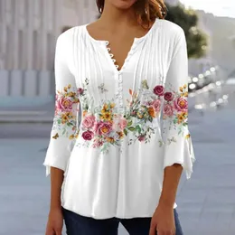 Women's Blouses Women Blouse Flower Print V Neck Half Single-breasted Lady Summer Shirt Three-quarter Sleeves Tight Waist Loose Hem Female