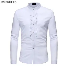 Men's Plus Tees Polos Mens Ruffle Tuxedo Dress Shirts 2018 Brand New Slim Fit Long Sleeve Stand Collar Shirt Men Prom Performing Wedding Chemise Homme yq240401