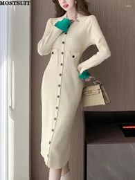 Casual Dresses Stylish Elegant Slim Knit Long Dress Women Color-blocked Single-breasted Sleeve 2024 Spring Fashion Ladies Vestidos