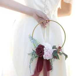 Decorative Flowers Wedding Artificial Flower Wreath Simulated Ribbons Metal Hoop Bridesmaid Hand Bouquet Ornaments Party Decorations