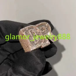 Luxo personalizado 18k ouro rosa gelado carta moissanite anéis de diamante 925 prata baguette moissanite anel para homem hip hop anel