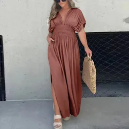 Casual Dresses Ladies V-Neck Maxi Dress Chic Comfortable Summer With Batwing Sleeves Elastic Waist Pockets For Streetwear Occasions