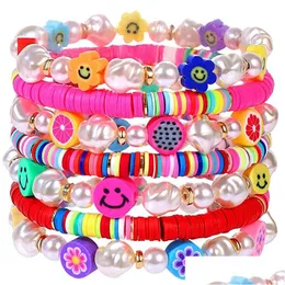 Beaded Beaded Bracelet Set Stack Colorf Cute Happy Face Charm Pearl Heishi Stretchy Summer Beach Jewelry Drop Delivery Ot3Rn