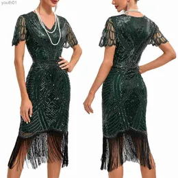 Grundläggande avslappnade klänningar vintage Great Gatsby Party Cocktail Dress for Women Short Sleeve V-Neck Sequin Tassel Prom Club 1920s Fringe Vestidos YQ240402