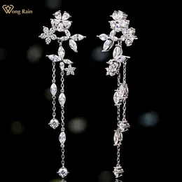 Wong Rain Romantic 925 Sterling Silver Flower Lab White Sapphire Gemstone Tassel Drogl Dangle Earrings Jewelry Anniversary Gift 240401