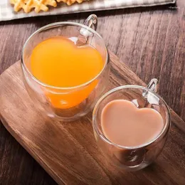 Bicchieri da vino a forma di cuore Tazza di vetro a forma di amore Tazza da caffè a doppia parete con manico Antiscottatura Bere tè Latte Succo Regalo per gli amanti dell'acqua