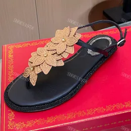 Designers Sandaler Womens Shoes Rene Caovilla Leather Flower Decoration Flip Flops Flat Heel 35-43 Skodon Fabriksko Casual Sandal