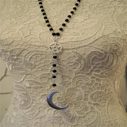 Pendant Necklaces Gothic Crescent And Pentagram Long Necklace Spirit Moon Bead Black Jewelry Pagan Witchcraft Worship