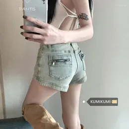 Jeans femininos amarelo lama americano denim shorts mulheres verão cintura alta a-line estiramento design bolso zíper pacote reto hip calças