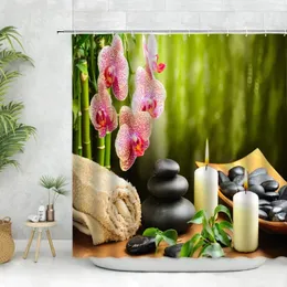 Cortinas de chuveiro zen cortina gancho phalaenopsis pedra verde folha bambu spa impressão pano parede decoração do banheiro banheira pendurado conjunto