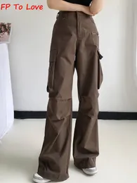 Y2K Neutral Brown Cargo Pants Loose Pocket Wide Leg Trousers Woman Female Street Stylish Autumn Spring PB ZA Quality 240322