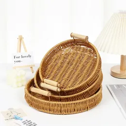 2024 Plastic Storage Tray With Handle Imitation Rattan Weaving Basket Sundries Plate Fruit Platter Tea Tray Dinner Serving Trayfor Imitation