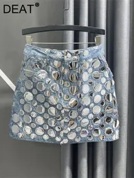 DEAT 2024 Summer Fashion Womens Denim Skirt High Waist Circular Sequin Patchwork Wrap Hip Blue Short Mini Skirts 29L4143 240321