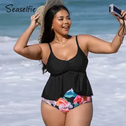 Roupa de banho feminina SEASELFIE Plus estampa floral Tankini conjunto de biquíni de cintura alta adequado para mulheres tamanho grande maiô de duas peças maiô de praia J240330