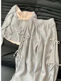 Pantaloni da donna coreano grigio gamba larga due pezzi set primavera casual dolce fiocco manica lunga top pantaloni sportivi a vita alta e sottile abiti