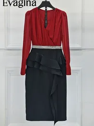 Casual Dresses Evagina Fashion Designer Pendling Style Autumn Långärmad dragkedja Pärlor Runda nacke -skinkor Sdress