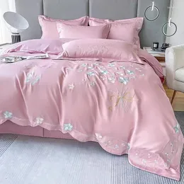 Conjuntos de cama 120t cor rosa puro algodão luxo 4 pcs conjunto de capa de edredão borboleta bordado quilt nu dormindo folha plana fronha
