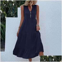 Basic Casual Dresses Lady Beach Dress Elegant V Neck Midi With Button Decor A-Line Hem For Women Soft Flowy Vacation Pure Color Drop D Dhelx