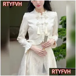 Roupas étnicas 2024 Primavera Verão Estilo Chinês Mulheres Impd Hanfu Senhora Elegante Manga Comprida Botão Top Cintura Alta Saia Cheongsam Dr Otc90