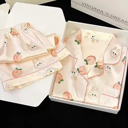 Sexy pijamas femininos conjuntos de pijamas primavera verão 2 peças impressão pêssegos pijama falso seda cetim sleepwear manga curta pijamas mujer pjs homewear 240330