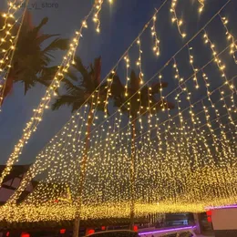 LED سلاسل 5M 216leds الستار Icicle String Lights 8 أوضاع الاتحاد الأوروبي قابس للحفلات حديقة ديكور نويل ديكور عيد الميلاد العام الجديد YQ240401