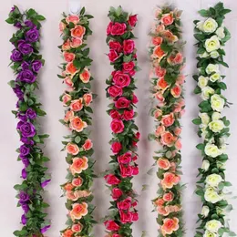 Kwiaty dekoracyjne 2PCS sztuczny kwiat róży winorośl 16 głowic ręcznie robiony kwiatowy wiszący rattan z zielonymi liśćmi ślub fałszywy wystrój domu