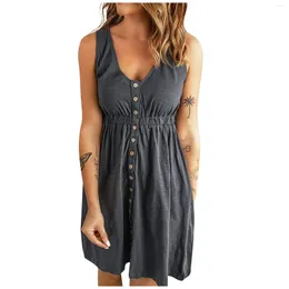 Casual Dresses Women's Sleeveless Button Down Dress Summer Elastic Waist A-Line Swing Tank Roupas Feminina Vestidos Para Mujer