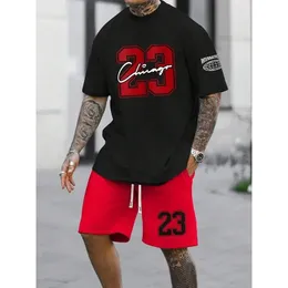 Mens Yaz Moda Gevşek Dijital Baskı Kısa Kollu Şort Twopiece Street Hiphop Trend Boş Zaman Günlük Takım 240401