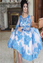 Jasnoniebieska aplikacja koronkowa herbata Długość balowa 2019 Skupa iluzja szyi długie rękawy Formalne impreza zużycie Dubaju Kobiety wieczorowe suknie 8406762