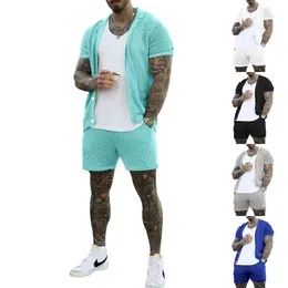 Summer knitted cardigan shirts hollow out men beach tops shorts sweater 2 piece sets beachwear knit short sleeve T-shirt casual fashion sexy sweaters mesh beach suit
