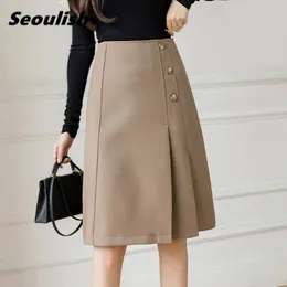 Seoulish 2024 Elegant Pleated Midi Skirts Solid High Waist Buttons Office Workwear Skater ALine Female Spring Summer 240323