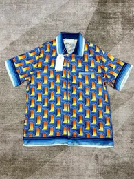 Camisas casuais masculinas camisas 100% tecido de seda tênis clube raquete listrado colorblock camisa de manga curta