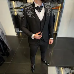 Herrenanzüge Blazer Herren Luxus Perlen für 3 Stück Outfit Bräutigam Smoking Slim Fit Männlicher Prom Blazer Mann Party Terno Mascinos Complet Dhgjy