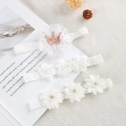 Set di 3 accessori per capelli da sposa bianco rosa per bambina, fascia per capelli in chiffon con diamanti e fiori, fascia per capelli in pizzo per neonati