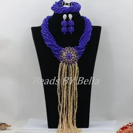 Collana orecchini set perline di cristallo blu reale opaco gioielli matrimonio nigeriano africano ABF503