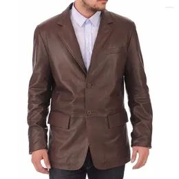 Men's Jackets Casual Lambskin Leather Blazer Jacket Two Button Brown Coat Fashion Trends