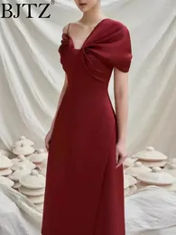 Vestidos casuais bjtz vinho francês vestido vermelho assimétrico diagonal ombro cetim para mulheres 2024 primavera outono elegante hl160