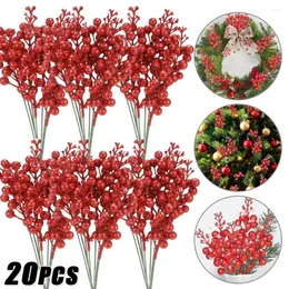 Decorative Flowers 20/1 Branches Christmas Glitter Berries Stems 14 Heads Artificial Red Holly Berry Stamen Home Xmas Year DIY Crafts