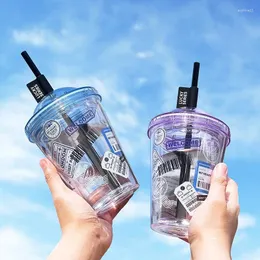 ウォーターボトル380mlダブルレイヤーストローカップ熱耐性ドーム蓋透明なプラスチック飲料ボトルフルーツコーヒーミルクマグ