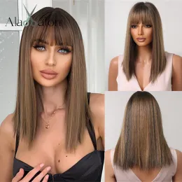 Wigs ALAN EATON Bob Medium Length Straight Bangs Wigs for Women Brown Blonde Mixed Synthetic Wigs Daily Cosplay Use Heat Resistant