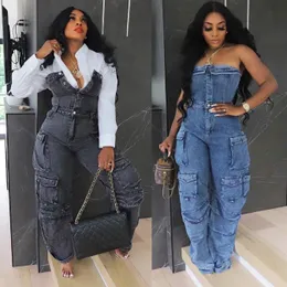 Sexig denim Jean Jumpsuit Kvinnor Vinterkläder Y2K Streetwear One Piece Jean Denim Jean Pocket Baggy Pant Jumpsuit Bodysuit 240326