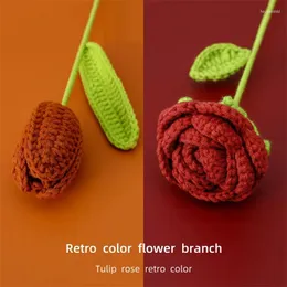 Decorative Flowers Vintage Tulip Rose Branch Finished Red Elegant Nordic Style Handmade Knitted Simulated Flower 4cmx32cm