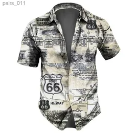 남성용 캐주얼 셔츠 빈티지 남성 셔츠 루트 66 인쇄 짧은 슬리브 탑 여름 의류 미국 랜드 마크 패턴 셔츠 대형 티 스트리트웨어 240402